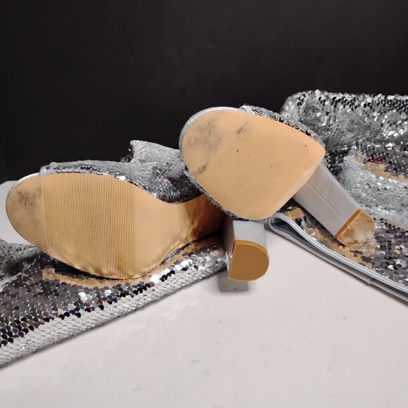 KHPAERMEI Sexy Sparkly Size 8 Thigh High Boots Open Toe Chunky Heel - Picture 13 of 16